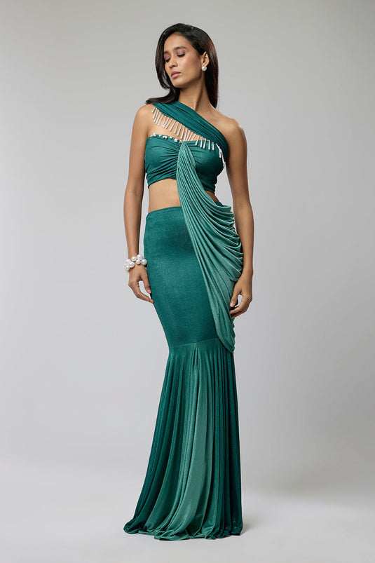 Ombre Green Asymetric One Shoulder Gown
