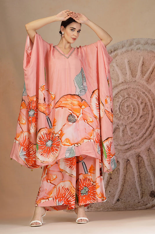 Pastel Pink Floral Muslin Silk Kaftan Set with Metal Beadwork