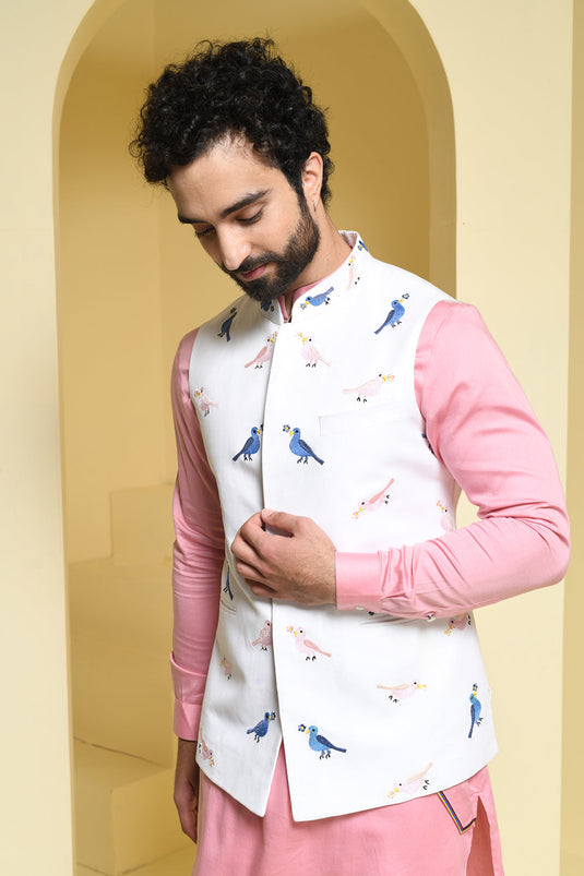 Pastel pink Kurta Pants with contrasting cotton embroidered jacket