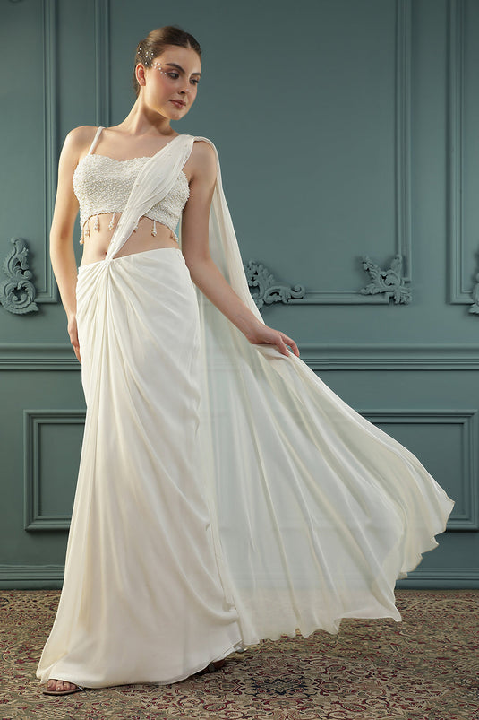 Pearl White Pre-Drape Saree