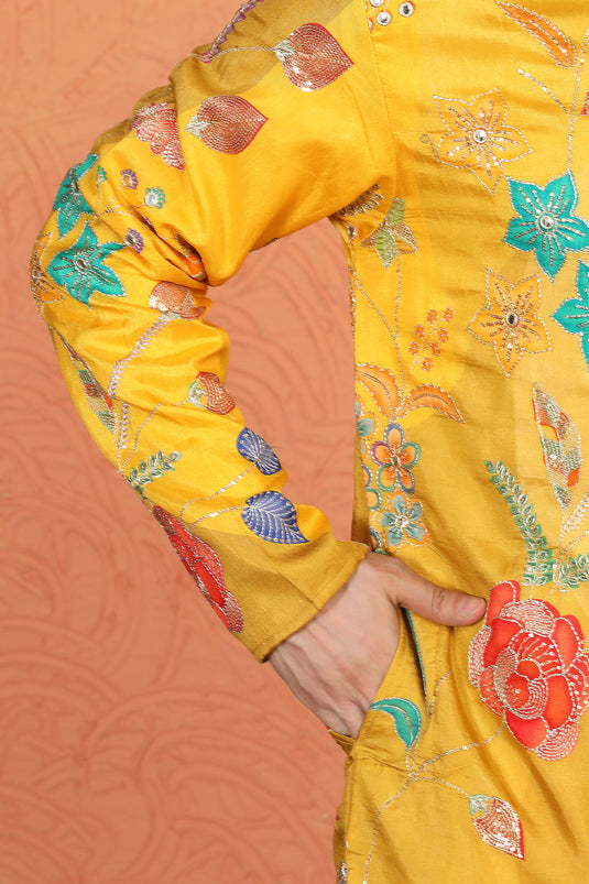 Phool Utsav Printed Embroidered Kurta with Back Elastic Pants
