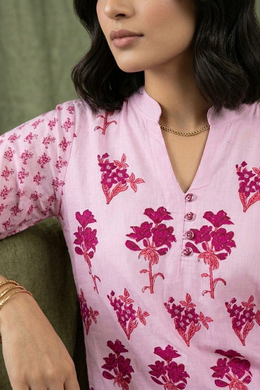 Pink block printed kurta set