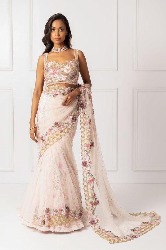Pink embroidered drape saree set