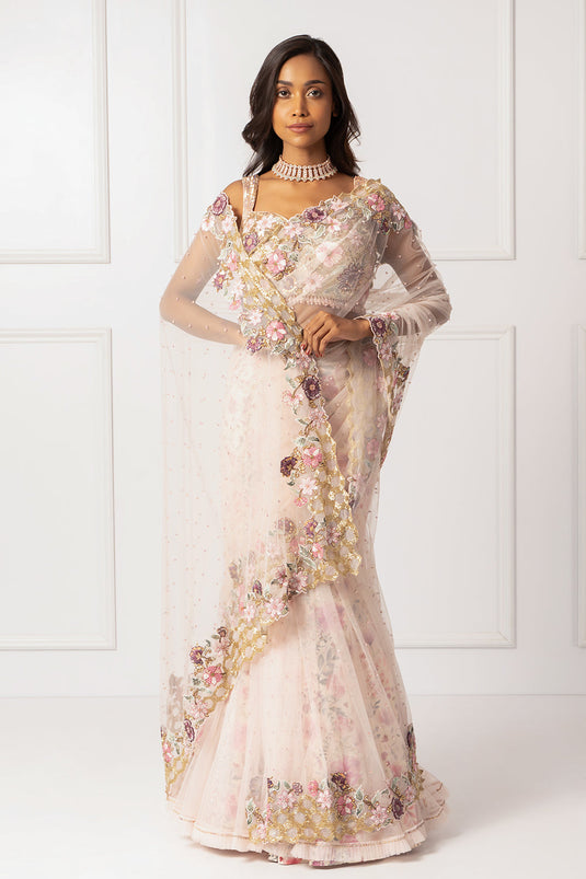 Pink embroidered drape saree set