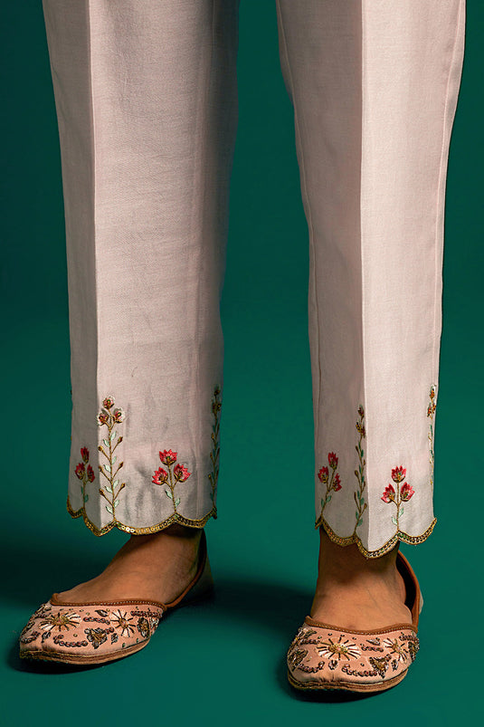 Pink V neck hand embroidered silk chanderi kurta set