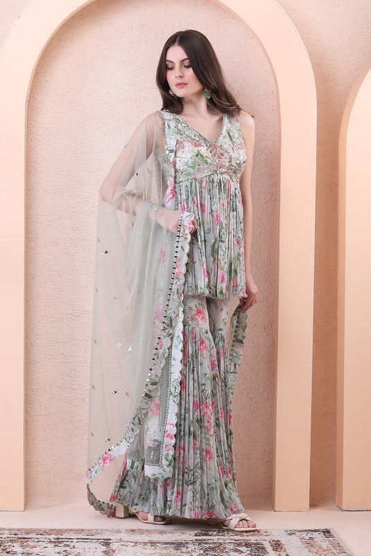 Pistachio Green Printed Pleated Sharara Set