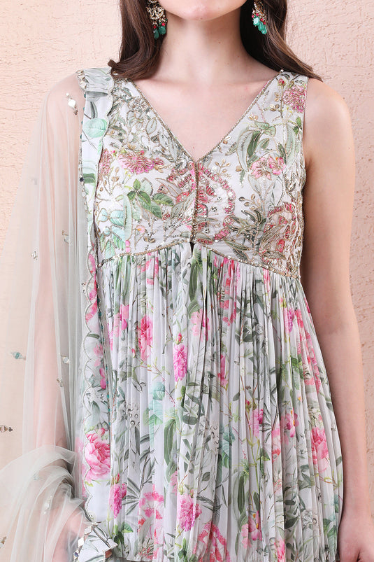 Pistachio Green Printed Pleated Sharara Set