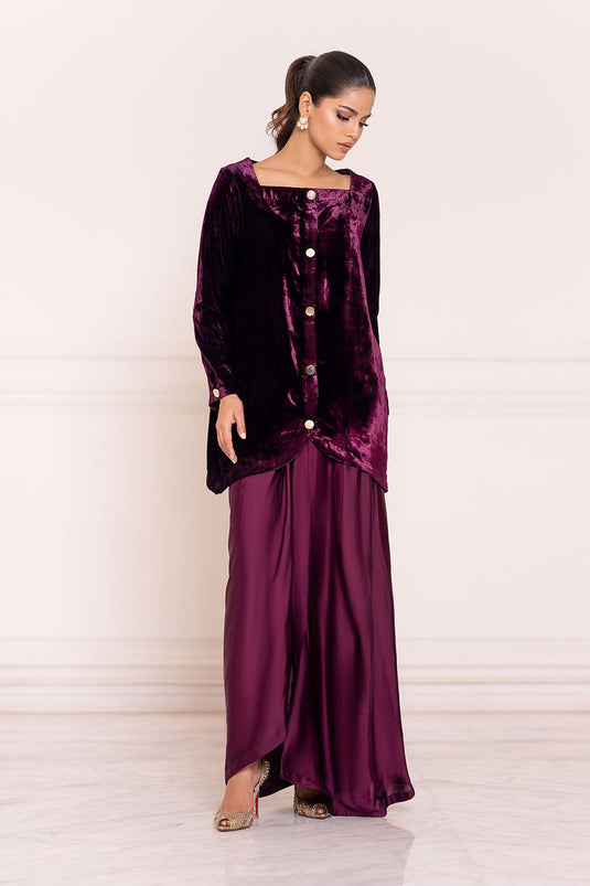 Plum Luxe Velvet Kurta & Draped Pant Set