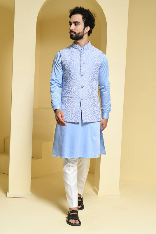 Powder blue Kurta Pants with complimenting silk jacket