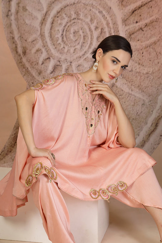 Powder Pink Silk Peplum Kurta Set with Tulip Pants & Leather Detailing