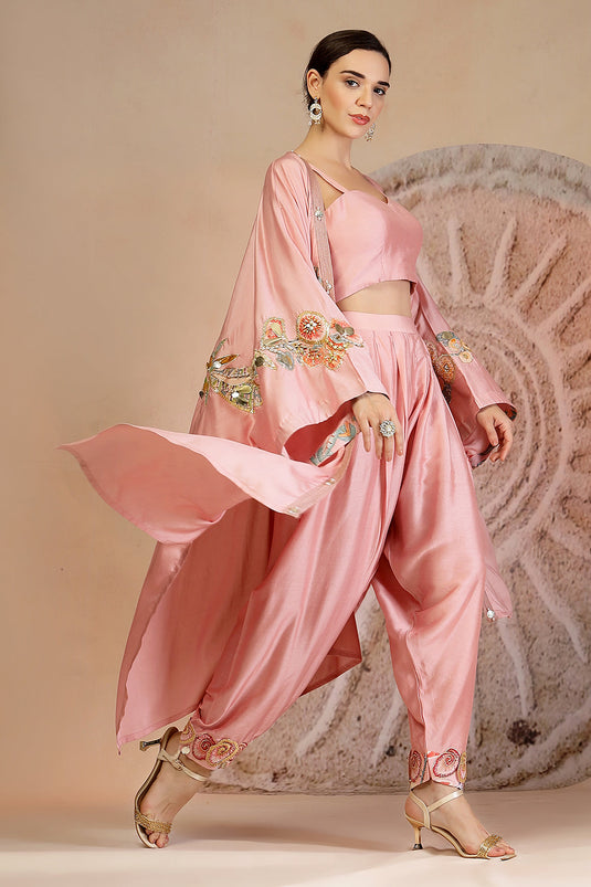 Powder Pink Structured Bustier Set with Embroidered Cape & Farshi Pants
