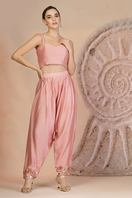 Powder Pink Structured Bustier Set with Embroidered Cape & Farshi Pants