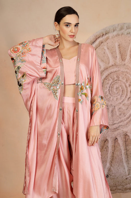 Powder Pink Structured Bustier Set with Embroidered Cape & Farshi Pants