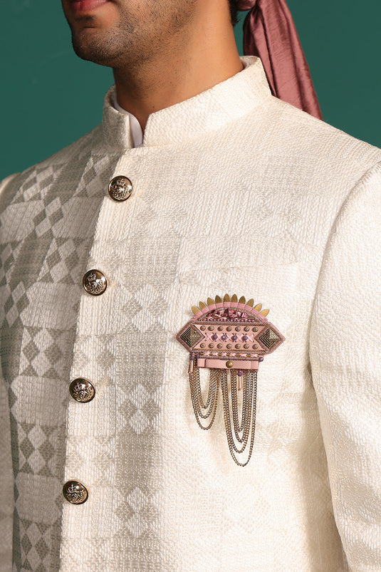 Pure silk Ivory White Sherwani with Kantha Work