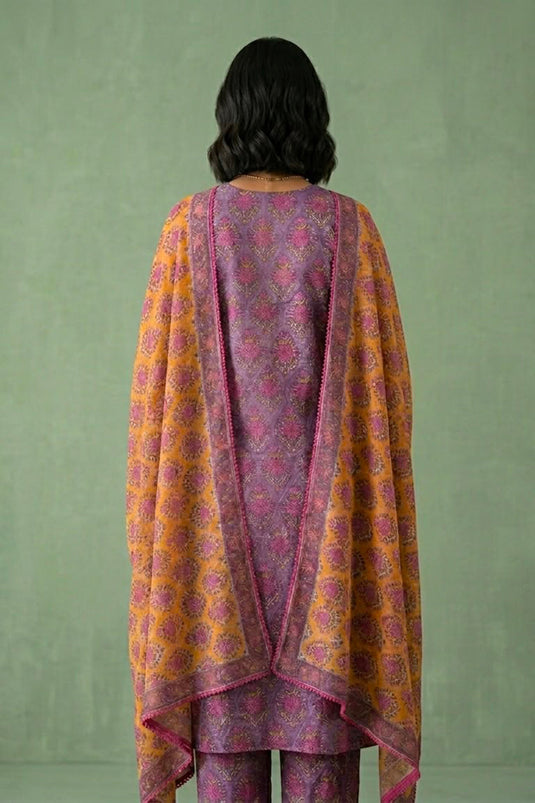 Purple allover geometric kurta pant along with contrasting dupatta