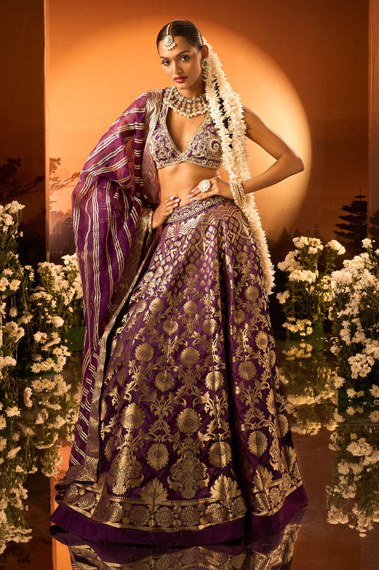 Purple Banarasi Chanderi Lehenga Set