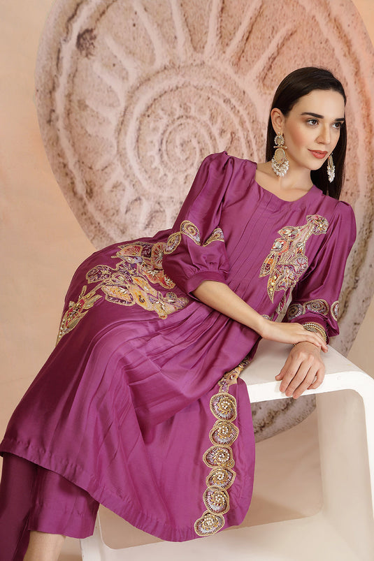 Purple Muslin Kurta & Pant Set with Balloon Sleeves and Detailing