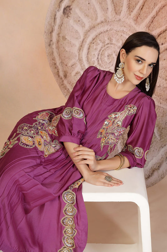 Purple Muslin Kurta & Pant Set with Balloon Sleeves and Detailing