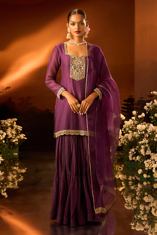 Purple Silk Chanderi Kurta Gharara Set