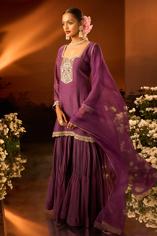 Purple Silk Chanderi Kurta Gharara Set