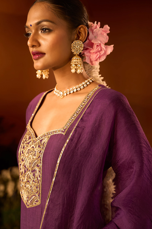 Purple Silk Chanderi Kurta Gharara Set