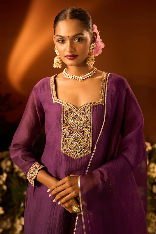 Purple Silk Chanderi Kurta Gharara Set