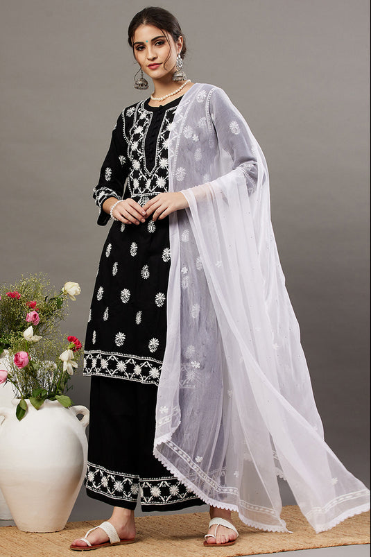 Black Cotton Chikankari Kurta / Palazzo Set