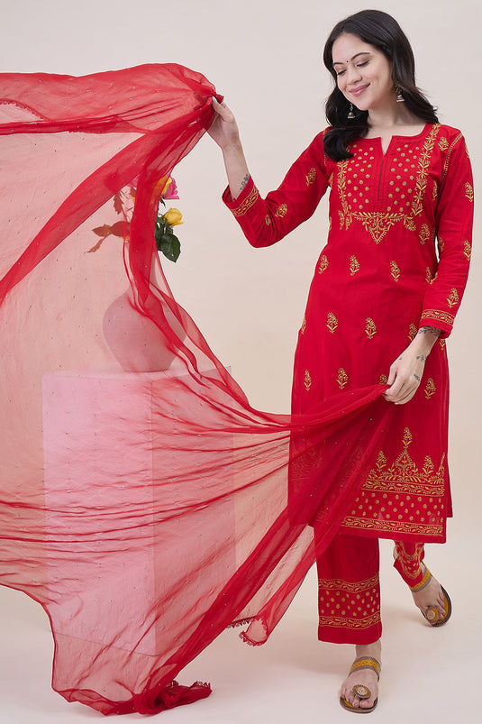 Red Cotton Mustard Chikankari Kurta With Pants With Pockets And Mustard Chikankari