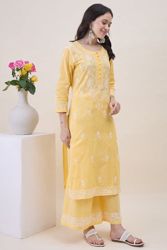 Yellow Chikankari Cotton Round Neck Kurta With Sharara