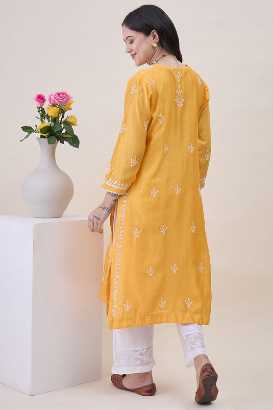 Mustard Yellow Chanderi Chikankari Kurta With Silk Organza Dupatta Wiith Mukaish Work + Slip