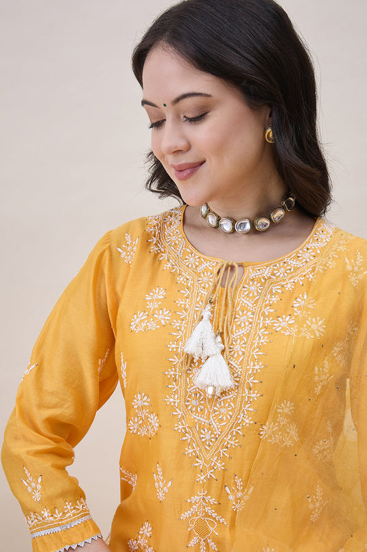 Mustard Yellow Chanderi Chikankari Kurta With Silk Organza Dupatta Wiith Mukaish Work + Slip