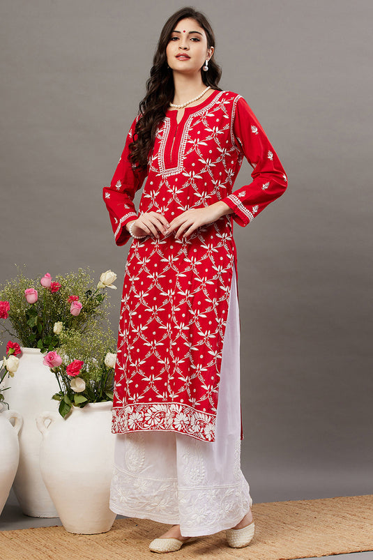Red Kurta Set With Chikankari
