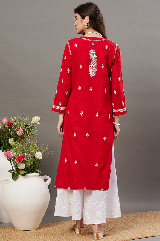 Red Kurta Set With Chikankari