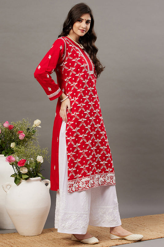 Red Kurta Set With Chikankari