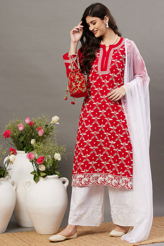 Red Kurta Set With Chikankari