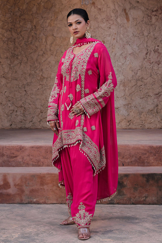 Rani Pink Georgette Beads Work Kurta Palazzo Set