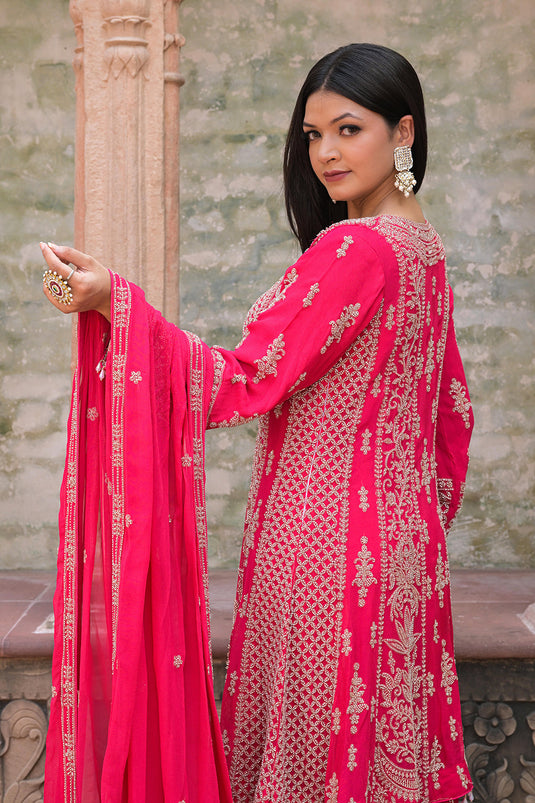 Rani Pink Georgette Beads Work Kurta Palazzo Set