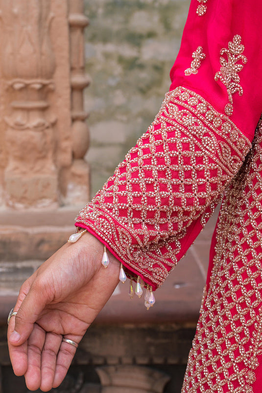 Rani Pink Georgette Beads Work Kurta Palazzo Set