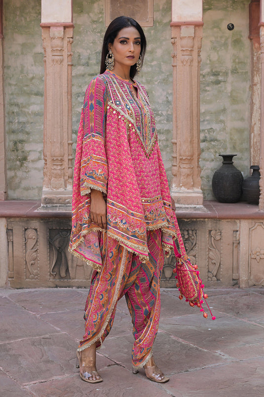 Rani Pink Viscose Crepe Suit Set with Tulip Pants – Festive Glamor