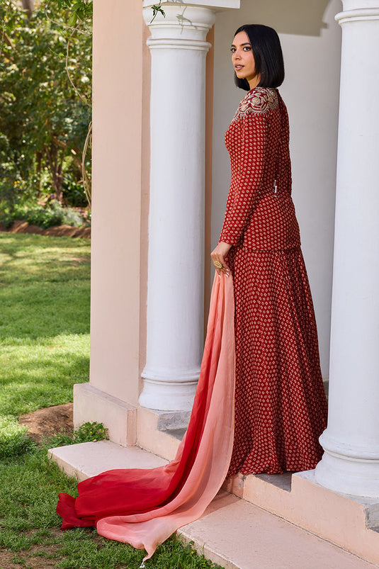 Red bandhani sharara set with ombre dupatta