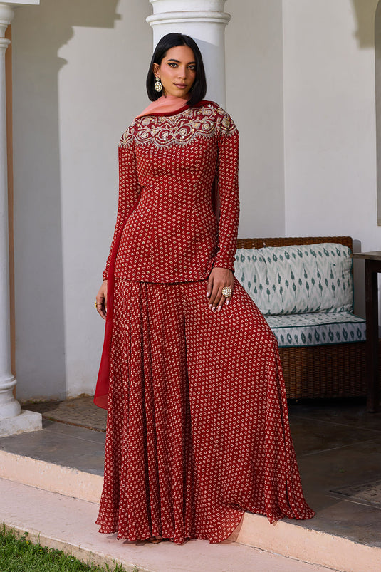 Red bandhani sharara set with ombre dupatta