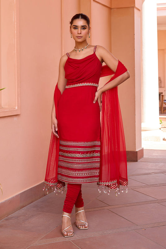 Red drape and embroidered straight kurta set with dupatta