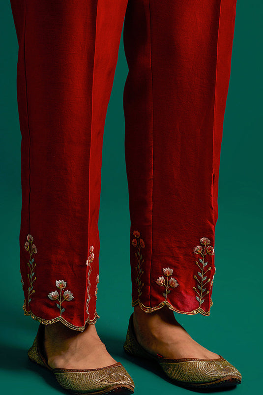 Red hand embroidered silk chanderi kurta set
