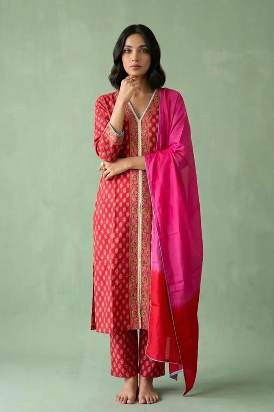 Red kurta set paired with shaded dupatta
