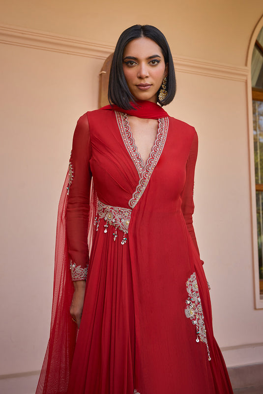 red layered and embroidered anarakali gown with dupatta