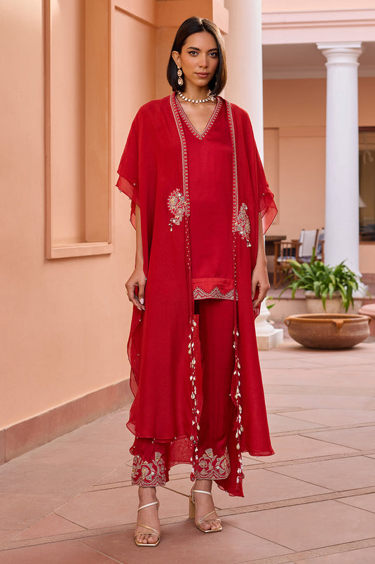 Red linen satin embroidered kurta set with free size cape