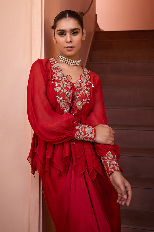 Red organza embroidered top with bustier