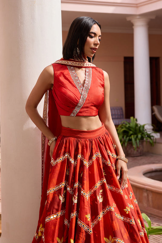 Red printed and embroidered lehenga set