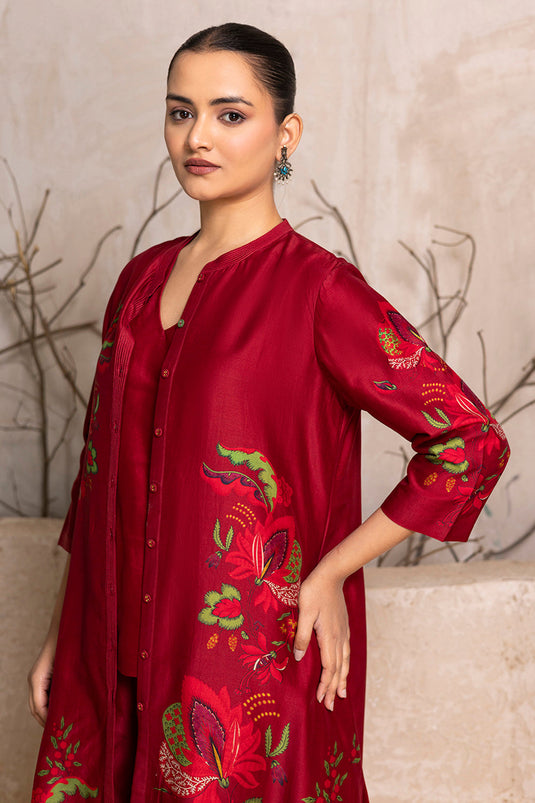 Red Silk Chanderi Printed Front Open Floral Dress