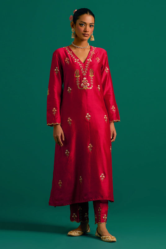 Red V neck hand embroidered silk chanderi kurta set